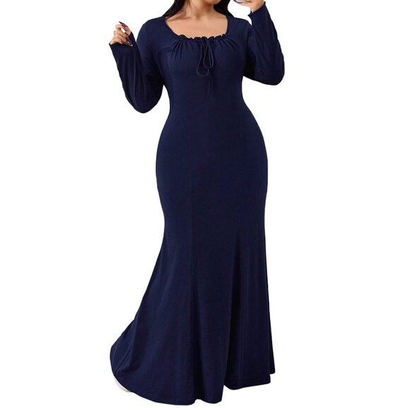 Dark Blue Elegant Maxi Dress – Long Sleeve Slim Fit High Waist Evening Gown - Picture 5 of 6